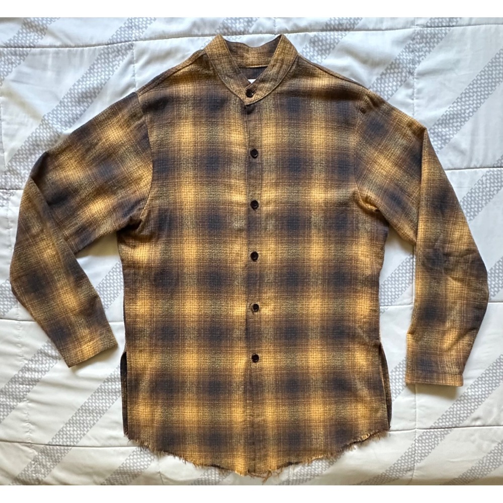 ORO Los Angeles Band Collar Shadow Plaid Flannel Shirt M Raw Hem Distressed